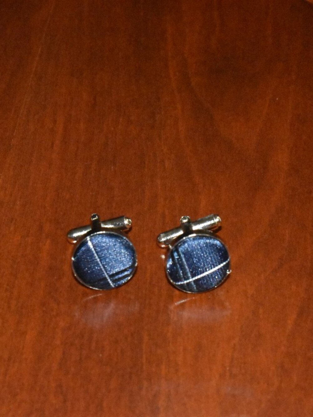 Pair of Blue Round Cufflinks with White Stripes